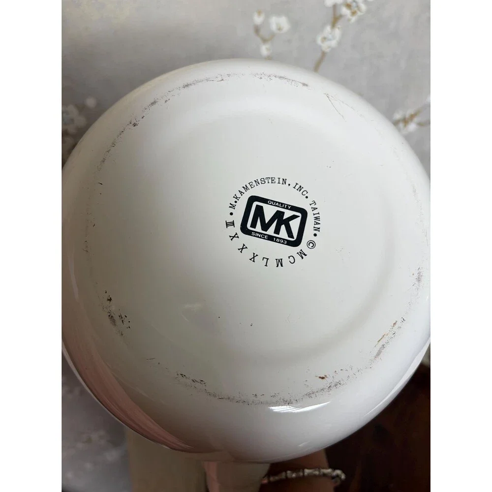 Vintage M Kamenstein Floral Enamel Teakettle White Brass Handle Tea Pot 1983